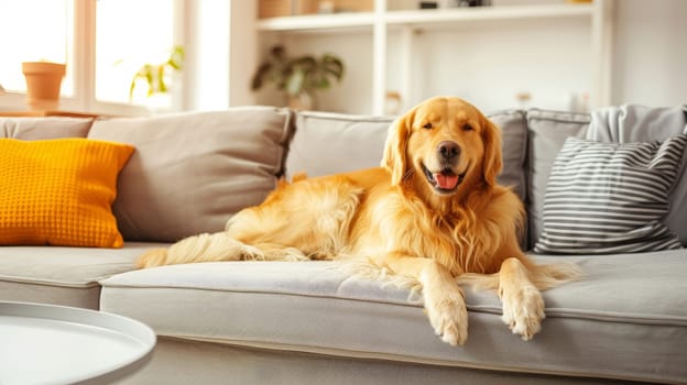 A contented golden retriever dog lounges comfortably on a plush sofa in a contemporary living room, embodying relaxation and warmth