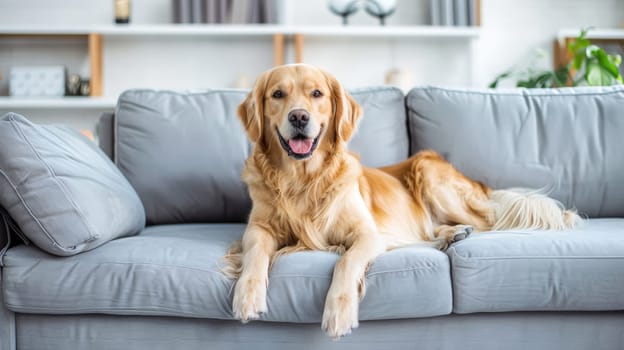 A contented golden retriever dog lounges comfortably on a plush sofa in a contemporary living room, embodying relaxation and warmth