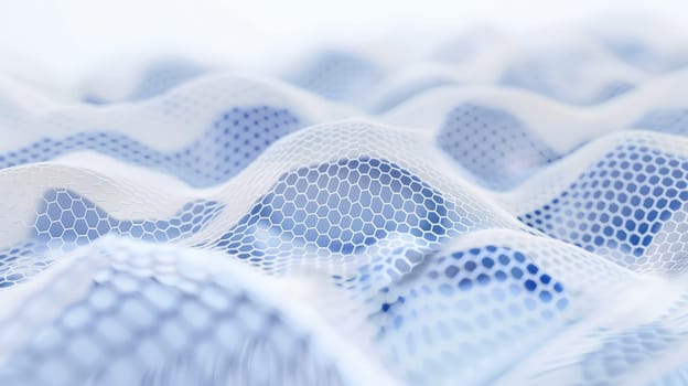 Dive into the ethereal world of graphene with our captivating abstract image, showcasing a delicate mesh pattern in striking shades of white and blue, evoking a sense of depth and complexity.