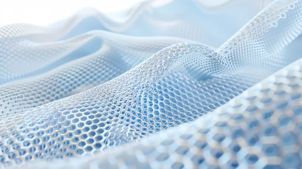 Dive into the ethereal world of graphene with our captivating abstract image, showcasing a delicate mesh pattern in striking shades of white and blue, evoking a sense of depth and complexity.