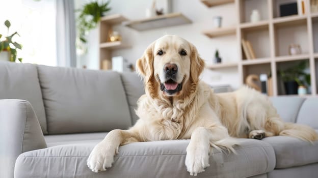 A contented golden retriever dog lounges comfortably on a plush sofa in a contemporary living room, embodying relaxation and warmth