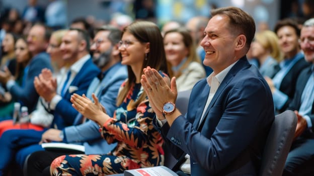 In this vibrant scene, happy colleagues sit together in a convention hall, applauding with enthusiasm during a seminar. Their faces radiate success and happiness as they celebrate achievements and milestones.