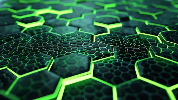 An abstract composition featuring a vibrant green hexagonal pattern against a dark backdrop, evoking a futuristic technological ambiance. The interlocking hexagons create a mesmerizing honeycomb effect, symbolizing innovation and advancement.
