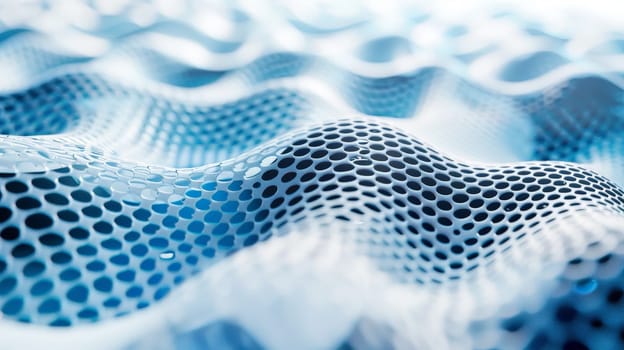 Dive into the ethereal world of graphene with our captivating abstract image, showcasing a delicate mesh pattern in striking shades of white and blue, evoking a sense of depth and complexity.
