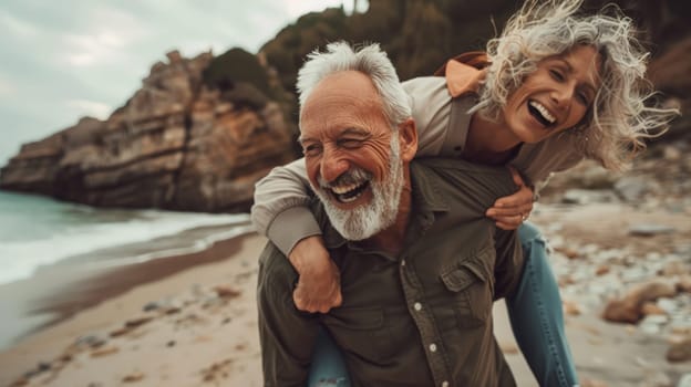 Experience the boundless happiness of a mature senior couple enjoying a carefree moment on the beach, as they share laughter and love while piggybacking under the radiant sun.