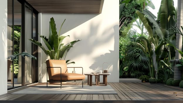 Step into the refined ambiance of a minimalist living room adorned with mid-century accents, featuring a luxurious leather armchair complemented by a sleek table against a backdrop of pristine white walls and warm wooden flooring. A fusion of sophistication and simplicity awaits in this exquisite interior design.