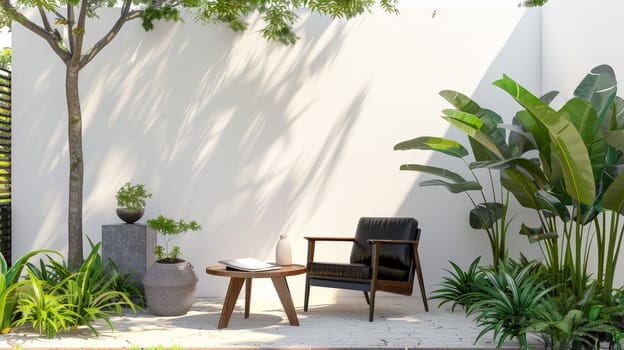 Step into the refined ambiance of a minimalist living room adorned with mid-century accents, featuring a luxurious leather armchair complemented by a sleek table against a backdrop of pristine white walls and warm wooden flooring. A fusion of sophistication and simplicity awaits in this exquisite interior design.