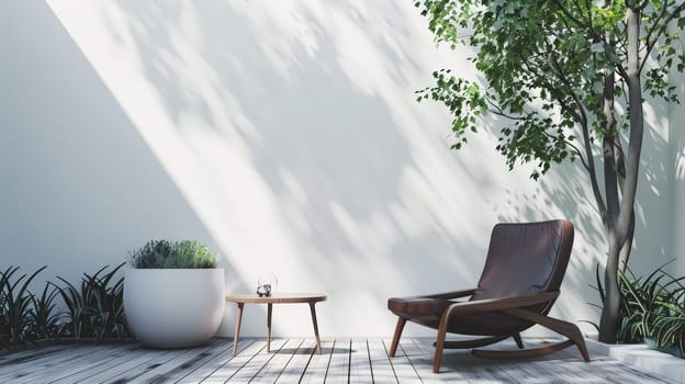 Step into the refined ambiance of a minimalist living room adorned with mid-century accents, featuring a luxurious leather armchair complemented by a sleek table against a backdrop of pristine white walls and warm wooden flooring. A fusion of sophistication and simplicity awaits in this exquisite interior design.