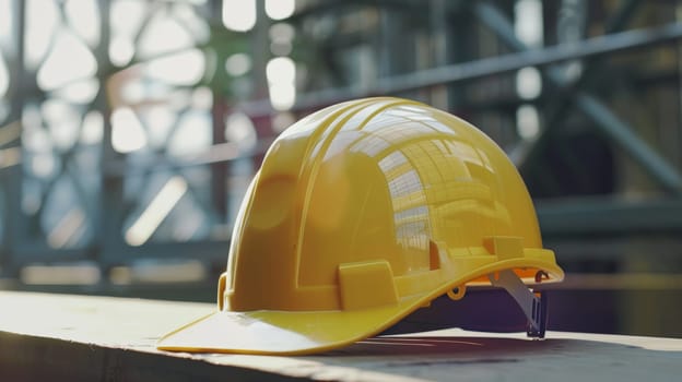 A vibrant yellow construction helmet rests on a sturdy table, symbolizing the paramount importance of safety in the construction industry. This essential protective gear ensures the well-being of workers on-site.