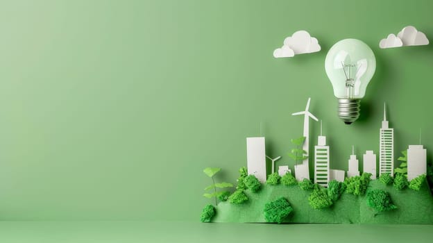 Explore a creative concept of sustainable urban development with a light bulb paper symbolizing eco-friendly ideas for energy conservation and a green city vision in the year 2050.