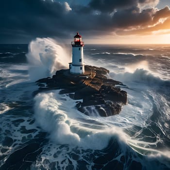 lighthouse in stormy sea with waves crashing at coast