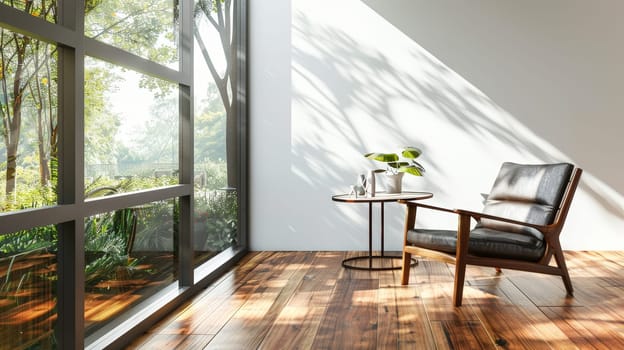 Step into the refined ambiance of a minimalist living room adorned with mid-century accents, featuring a luxurious leather armchair complemented by a sleek table against a backdrop of pristine white walls and warm wooden flooring. A fusion of sophistication and simplicity awaits in this exquisite interior design.