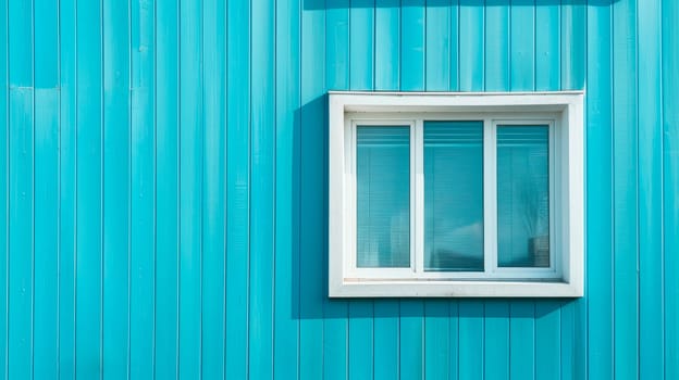 White window and blue wooden wall. Copy space. AI generated