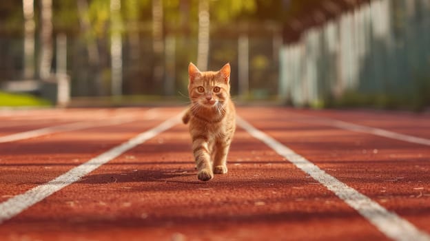 A cat running in the stadium, healthy lifestyle concept. AI generated