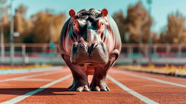 A hippopotamus standing in the stadium, healthy lifestyle concept. AI generated