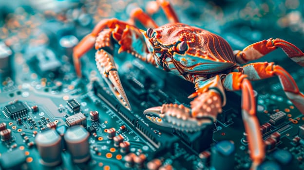 Close up of a crab sitting on a computer hardware. Virus, cyber attack, malware concept. AI generated