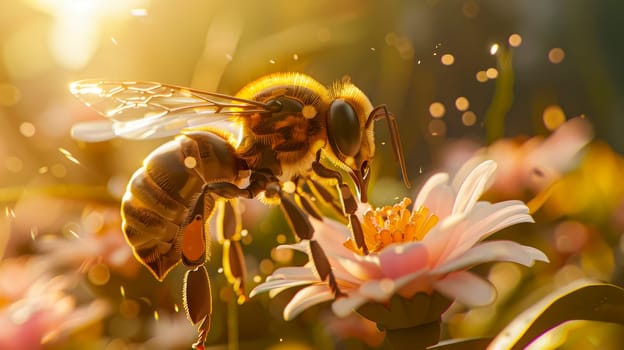 An artificial bee replacing real bees in the gathering precious pollen from a flowers. AI generated