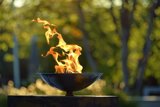 A bowl placed on a surface with flames burning in the center, emitting heat and light. The flames flicker and dance, creating a mesmerizing display of warmth and energy.