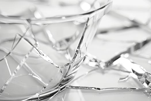 A broken glass bowl is resting on top of a table. The shattered pieces of the bowl are scattered around it, creating a dangerous situation.