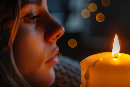 A woman stands holding a lit candle in her hand, the warm glow illuminating her face. The flame flickers gently as she holds it steady, casting a soft light in the dim room.
