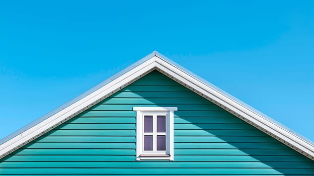Top of House. Triangle House Top with a window under the blue sky background. Blue vinyl wooden siding panel on the house. AI generated
