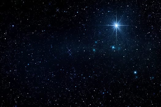 A bright star shines brightly in the night sky, illuminating the darkness with its powerful light. The star stands out against the black backdrop, creating a mesmerizing sight in the celestial expanse.