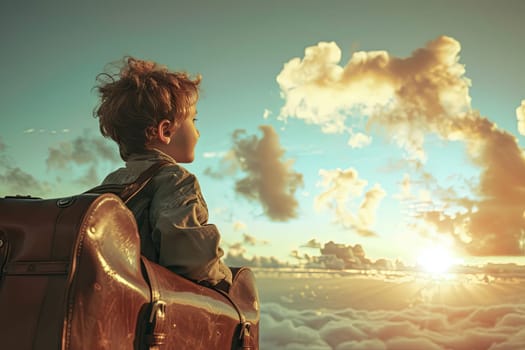 A young boy is sitting comfortably on top of a brown suitcase. He looks relaxed and at ease in his surroundings.