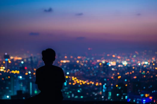 A person stands in front of a bustling cityscape at night, illuminated by the glow of city lights. The individual gazes out at the urban skyline, taking in the vastness of the city below.