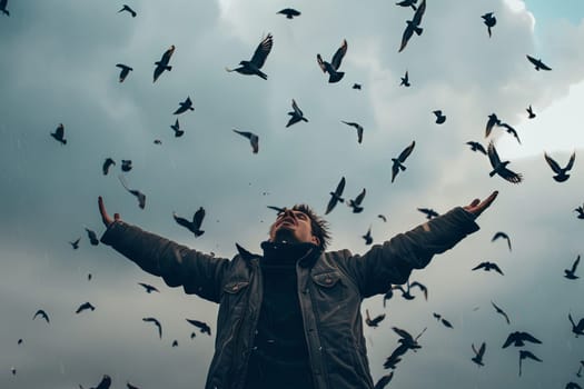 A man stands confidently in front of a large flock of birds, who seem to be observing him. The mans posture is relaxed yet attentive, creating a unique juxtaposition against the dynamic movement of the birds.