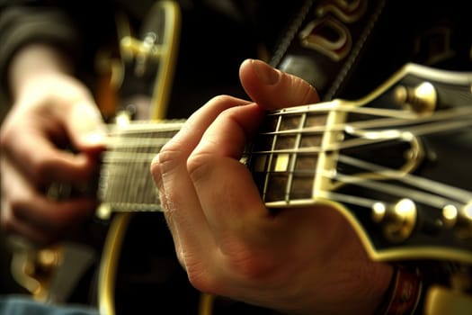 A tight shot of a persons hands playing a guitar, fingers pressing strings and strumming, creating music. The focus is on the musicians skill and instrument.