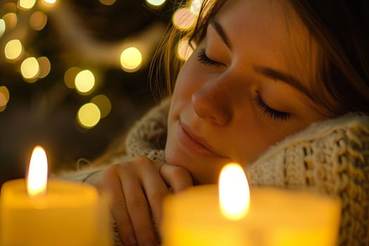 A woman is shown sitting with her head resting on her hand, positioned next to a candle that is burning brightly. The scene conveys a sense of relaxation and contemplation.
