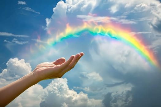A person is reaching out their hand against the backdrop of a vibrant rainbow in the sky.