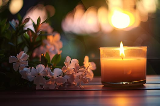 A single lit candle stands upright on a wooden table, casting a warm glow in the surrounding area. The flame flickers gently, illuminating the space with a soft light.