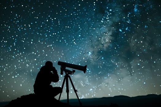 A man is standing outdoors, looking up at the night sky through a telescope. He is focused on observing the stars and possibly planets or other celestial bodies. The telescope is pointed towards the sky, showing his interest in astronomy.