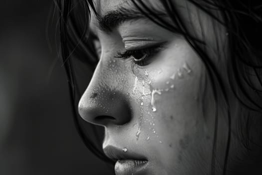 A close-up view of a person with water droplets on their face, possibly from swimming, washing their face, or being caught in the rain. The individuals features are highlighted by the water beading on their skin.
