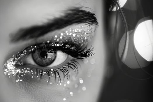 A detailed view of an eye with shimmering glitter dust delicately applied around the eyelid, catching the light and creating a sparkling effect.