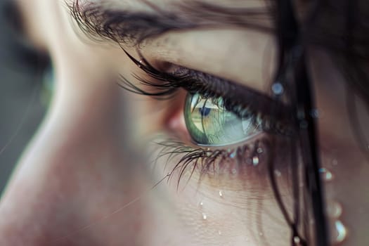 A detailed view of a persons eye with small droplets of water resting on the surface. The drops refract light, creating a fascinating play of reflections and distortions.