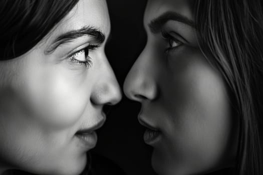 In this black and white image, two women are standing facing each other, their expressions conveying a sense of determination. They appear engaged in a serious conversation or debate, with body language emphasizing their focus and intensity.
