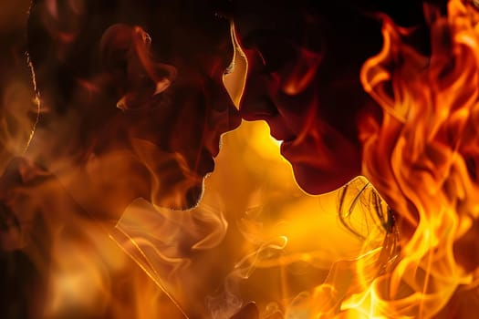 A close-up view of a man and woman sharing a romantic moment as they kiss in front of a crackling fire. The warm glow illuminates their faces, highlighting their loving embrace.