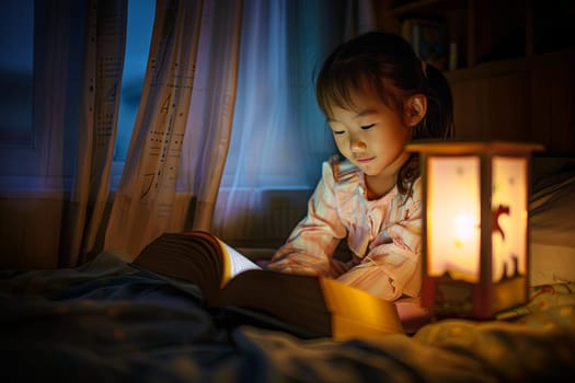 A young girl with brown hair is sitting on a bed, engrossed in a book. She is wearing a pink dress and holding the book with both hands. The room is neat and well-lit.