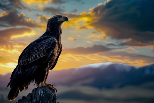 A big bird perched on top of a rock, looking around its surrounding with alertness and majesty. The birds feathers are ruffled by the gentle breeze as it observes the landscape.