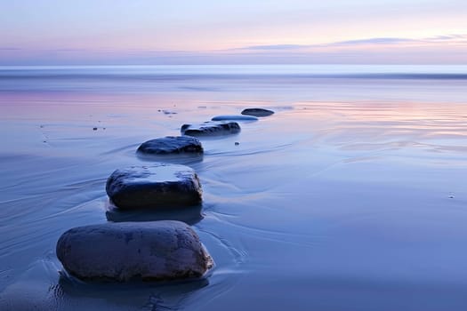 A linear arrangement of rocks perched on the sandy shore of a beach, creating a structured pattern against the soft, golden sand. The rocks vary in size and shape, appearing stable and unmoved by the tides.