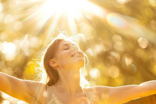 A woman standing with her arms outstretched in the air, reaching upwards. She is in a wide open space under the clear sky.