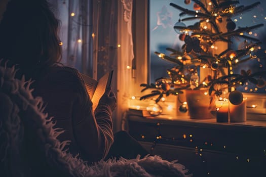 A woman is sitting in front of a decorated Christmas tree, engrossed in her phone. She seems focused on the screen, with the tree providing a festive backdrop.
