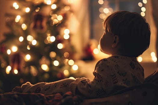 A young child in diapers sitting on the floor in front of a fully decorated Christmas tree with colorful ornaments and twinkling lights. The baby looks curious and engaged with the festive decorations around them.