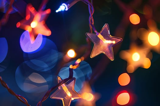 A close-up view of a string of colorful Christmas lights, with each bulb shining brightly. The lights are carefully woven together, creating a festive and vibrant display.