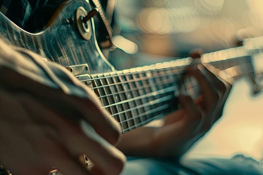 A close-up shot showing a person skillfully playing a guitar, focusing on their hands strumming the strings and fingers pressing down on the frets. The musicians face is concentrated, showing a passion for music.