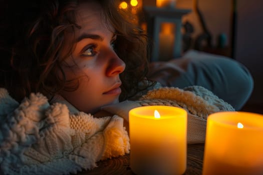 A woman is seen reclining next to two flickering candles, creating a warm and intimate ambiance. The soft glow illuminates her serene expression as she enjoys a moment of relaxation and contemplation.