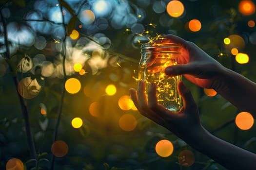 A person is holding a glass jar in their hand, which is filled with small, glowing lights. The lights create a whimsical and enchanting glow inside the jar.