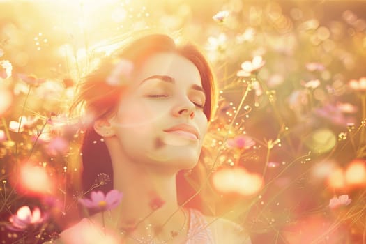 A woman standing in a field of colorful flowers with her eyes closed. She appears peaceful, connecting with nature around her. The vibrant blooms create a beautiful backdrop for her moment of serenity.